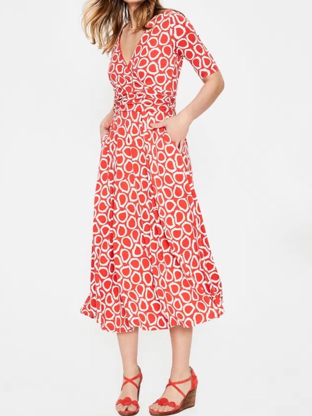 Boden Kassidy Red Orange Jersey Print Midi Maxi Dress Faux-Wrap Pockets 6P 6 P